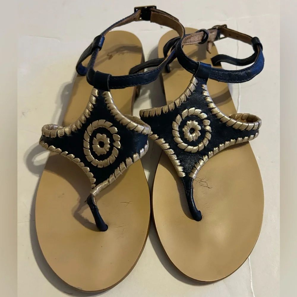 Jack Rogers Maci Blue Leather Whipstitch Buckle Strap Sandals